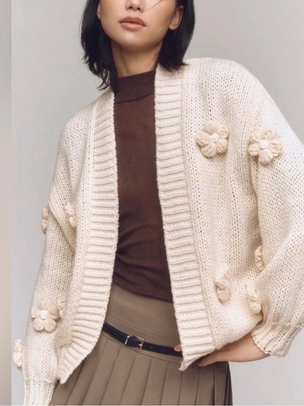 Anthropologie Maeve Susannah 3D Metallic Floral Cardigan Sweater Cream One Size